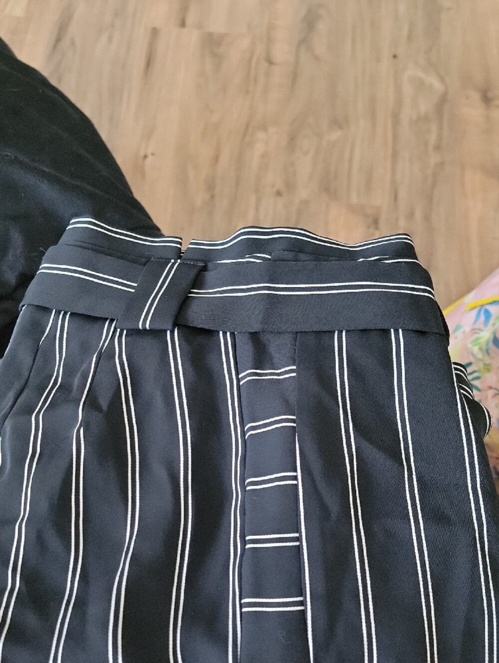 Express Navy Pinstripe High-Waist Wide-Leg Trousers with Self Tie - Picture 8 of 8